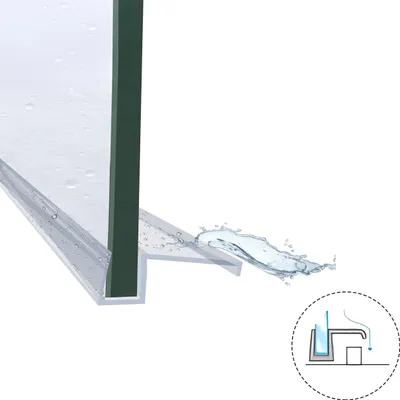 A close-up view of a shower door seal with water splashing.