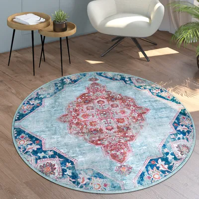 Produktbild von Teppich Wohnzimmer Flachgewebe Rund Modern Orient Muster Ornamente Vintage Waschbar Grösse 160 cm Rund