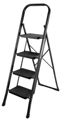 Imagen del producto de Escalera de mano Wiltec con barra de sujeción y 4 peldaños, color negro, fabricada en acero Q195, con capacidad de hasta 150 kg. Escalera plegable ideal para el hogar, el garaje y el taller