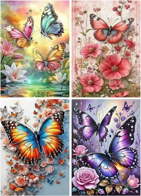 Produktbild von Diamantschilderij Set, 4-teilig, 30 x 40 cm, Schmetterlinge und Blumen, kreative Wanddekoration