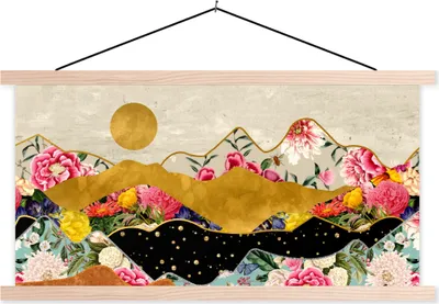 Produktbild von MuchoWow® Textilposter Gold - Blumen - Druck - Abstrakt - Landschaft - Muster 120x60 cm mit holzfarbenen Rahmen - Klemmleiste