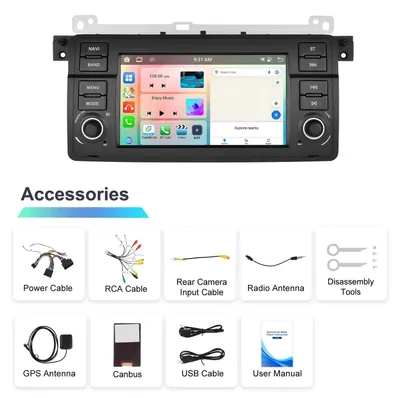 Immagine prodotto di BMW Serie 3 E46 1998–2005 - Autoradio Android 2-DIN - Touchscreen da 17,8 cm - CarPlay - Processore a 8 core - 4+64 GB - GPS, RDS e comandi al volante