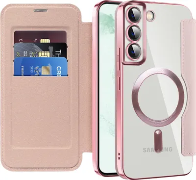 Produktbild von Klapphülle für Samsung Galaxy S22+ 5G Kompatibel mit Magsafe, Klar Überzug Kartenhalter Ledertasche mit Kameraschutz Pink