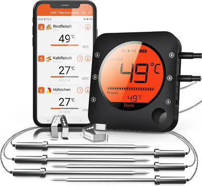 Produktbild von ANTCOOL Bratenthermometer Kabelloses Bluetooth-Fleischthermometer Digitales Grill-Küchenthermometer Unterstützt 6 Sonden App Echtzeitüberwachung Kochofen