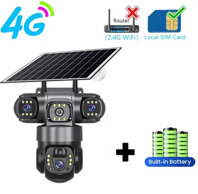 Obrázok produktu pre Solárna bezpečnostná kamera – vonkajšia kamera – 4G – 3 objektívy – 15 MP – IP66 – Farebná nočná viditeľnosť – Bez pamäťovej karty