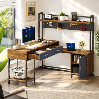 Zdjęcie produktu dla Biurko w kształcie litery L, styl industrialny, wymiary 140x140x135 cm. Biurko narożne z szufladami i półką