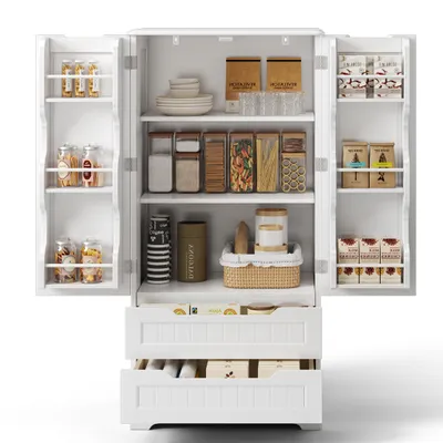Zdjęcie produktu dla Bealife AP28 Sideboard wysoka szafka kuchenna z 2 szufladami i 2 drzwiczkami, spiżarnia, biała