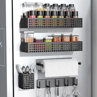 Produktbild von 5-teiliges Küchenorganizer-Set: magnetisches Gewürzregal für den Kühlschrank, Papierhandtuchhalter, Besteckhalter mit Haken
