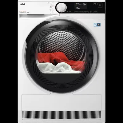 A front view of a white AEG Series 8000 washing machine with a black door and control panel. Red and white laundry is visible inside the drum.