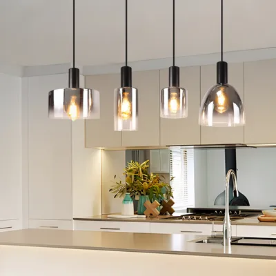 Produktbild von ZMH Pendelleuchte 4 Flammig Hängeleuchte E27Vintage  Hängend Pendellampe Höhenverstellbar Rauchgrau Glas für Schlafzimmer Wohnzimmer ohne Leuchtmittel