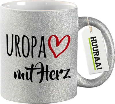 Produktbild von Huuraa Glitzertasse Uropa mit Herz 330ml Silber Keramik Kaffeebecher Geschenkidee