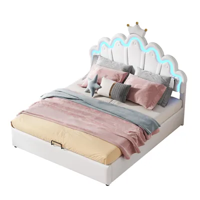 Produktbild von Prinzessinbett mit Lattenrost und LED-Beleuchtung, 140x200 cm, Mädchenbett, Polsterbett für Mädchen, Stauraumbet, Kunstleder