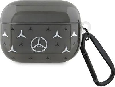 A dark gray AirPods Pro case with a silver Mercedes-Benz logo and star pattern, attached to a black carabiner.