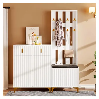 Produktbild von Weißes Garderobenset mit Sitzbank und Schuhschrank | Kompakte Flurgarderobe mit Schubladen, Türen und Polsterkissen für kleine Räume, 60,5 L x 180,5 H x 35,2 B (cm) + 83 L x 101 H x 35 B (cm)