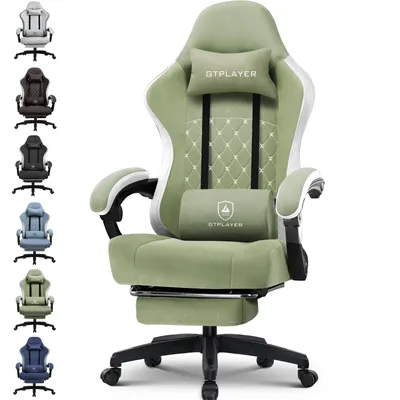 A gaming chair is shown in a studio setting with multiple color options displayed on the left.