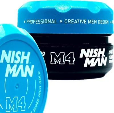 Two containers of hair styling product, one in the foreground and one in the background.