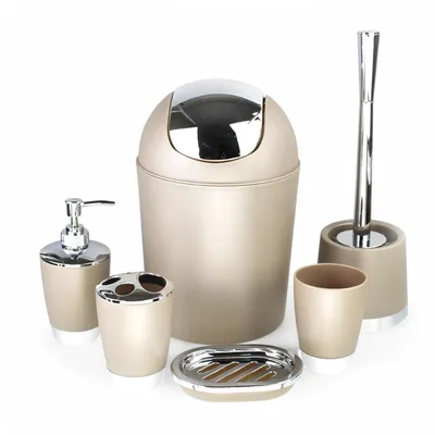 Produktbild von 6tlg Badset Badezimmer Zubehör Set Organizer: (Beige Design 1) Seifenspender, Zahnputzbecher, Kosmetikeimer, WC Bürste, Seifenschale, Mülleimer