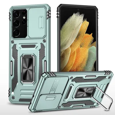 Immagine prodotto di Custodia per Samsung Galaxy S23 Ultra a doppio strato antiurto con protezione fotocamera scorrevole, supporto ad anello verde