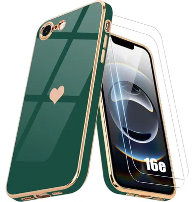 Image de Coque + 2 Verres Trempés pour iPhone 16e, Motif Coeur Antichoc Souple Anti-Rayures Vert Nuit
