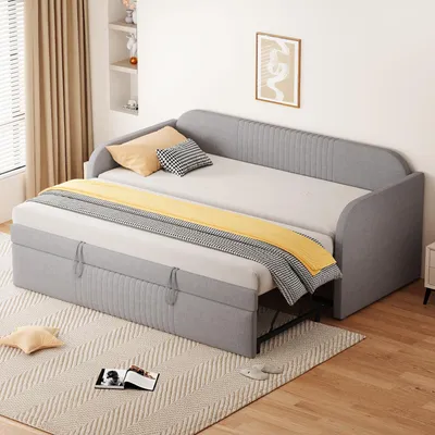Immagine prodotto di MODFU Letto pieghevole 90/180 x 190 cm con rete a doghe, letto in legno, letto da giorno, letto per bambini, tessuto di lino grigio chiaro (materasso escluso)