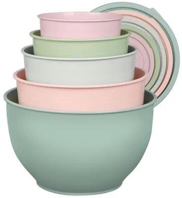 Produktbild von PromoHome® 5-teiliges stapelbares Rührschüsselset mit Deckeln, 0,8-4,7 L, Grau/Rosa