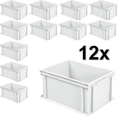 A collection of white Euro containers of various sizes arranged in a grid, with a larger container in the foreground and the text '12x' prominently displayed.