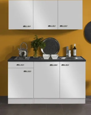Produktbild von Singleküche Lagos 150 cm breit in weiß glänzend mit Kochmulde und Einbauspüle in Edelstahl