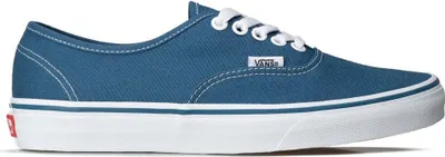 A side view of a blue Vans Authentic sneaker against a white background.