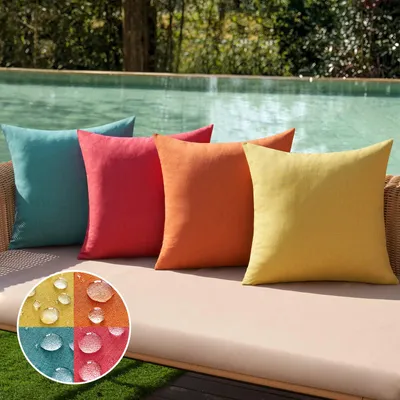 Produktbild von Set mit 4 wasserdichten Kissenbezügen, Leinenoptik, 45 x 45 cm, rot und blau