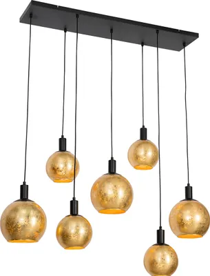 Zdjęcie produktu dla QAZQA – Design Lampa wisząca I Lampa wisząca I Lampa wisząca czarna ze złotem I Mosiężna szklana 7-punktowa – Bert I Salon I Sypialnia – Podłużna – Pasuje do żarówek LED E27