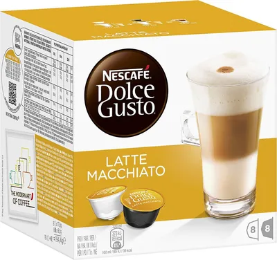 A box of Nescafé Dolce Gusto Latte Macchiato coffee capsules.