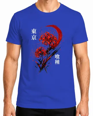 Imagen del producto de Camiseta para hombre, diseño de la flor japonesa "Higanbana" (Lirio Araña Rojo), estilo Y2K, temática asiática, color azul, talla L