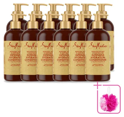 Imagen del producto de 12 unidades de acondicionador intensivo hidratante SheaMoisture, con manuka y miel, y aceite de mafura, de 384 ml cada uno. Paquete ahorro