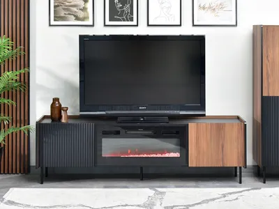 Obrázek produktu pro Televizní stolek NORLAN s elektrickým krbem - ořech / černý mramor / černý