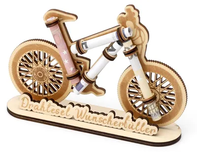 Produktbild von Geldgeschenk in Form eines Fahrrads, eine kreative Geschenkidee für eine hölzerne Fahrraddekoration, ein Geldgeschenk zum Geburtstag für Freunde, Familie, Männer und Frauen, eine kleine Fahrraddekoration mit Platz für 4 Geldscheine.