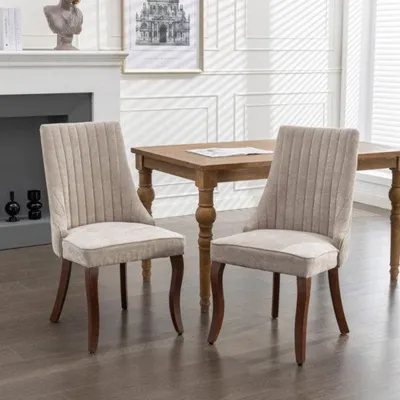 Produktbild von Polsterstuhl Küchenstuhl Esszimmerstühle Bequemer Stoffbezug Akzentstuhl für Esszimmer mit geschwungenen Massivholzbeinen, 2er-Set, Beige