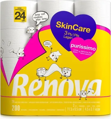 Image de Renova - Papier hygiénique Renova Purissimo, 3 plis, 200 feuilles, paquet de 24 rouleaux