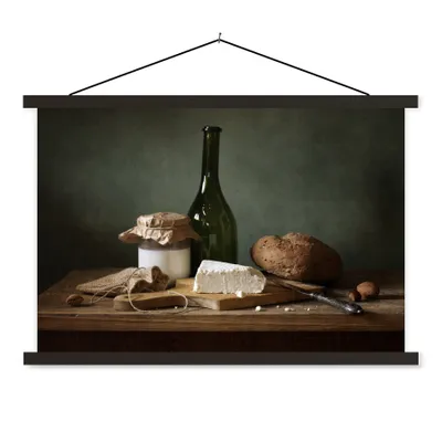 Produktbild von MuchoWow® Textilposter Rustikal - Brie - Stillleben - Flasche - Brot 150x100 cm mit schwarzem Rahmen - Schlafzimmer