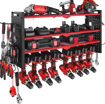 Produktbild von Wand-Werkzeugregal - Werkzeughalter - Vierstöckig - Acht Halter für Akkuschrauber & Bohrmaschinen - Seitliche Lochplatten - Wandmontage - Für Garage, Werkbank & Werkstatt - Rot