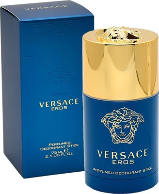 A product shot of a Versace Eros deodorant stick and its packaging.