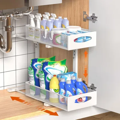 Zdjęcie produktu dla Organizer do szafki pod zlew, wysuwany, 2 półki, metal, biały, szerokość 22 cm