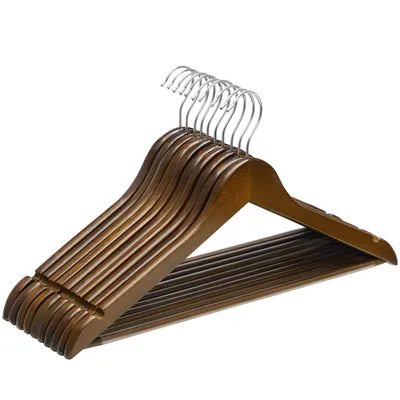 Produktbild von SONGMICS Kleiderbügel aus Holz, 10er Set, Anzugbügel aus Massivholz, Jackenbügel, Einkerbungen im Schulterbereich, rutschfest, Jacken, Hemden, um 360° drehbarer Haken, dunkel walnussfarben CRW001V01