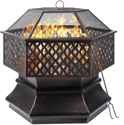 Image de Brasero-barbecue d'extérieur - Brasero à charbon de bois de 66 cm - Avec couvercle grillagé pare-étincelles - Grille de cuisson - Métal thermolaqué