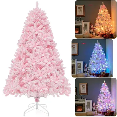 Image de Sapin de Noël artificiel - LED - 1,8 m - 8 modes d'éclairage - Lumières LED multicolores - Effet neige - Pied métallique - Rose