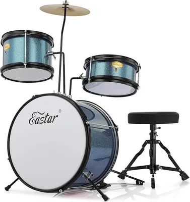 Produktbild von Schlagzeug 14" 3 PC, für 3-10 Jahre Kinde, Schlagzeug Set mit Snare, Tom, Bass Drum, Bass Drum Pedal, Thron, Becken, Drumsticks, Himmelblau