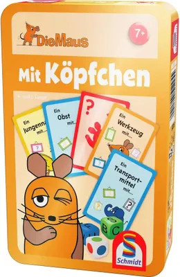 The image shows the front of a board game box with a cartoon mouse character and several game cards.
