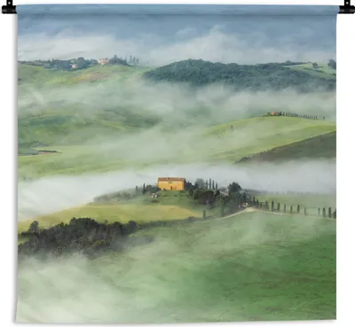 Produktbild von MuchoWow® Wandteppich Wandbehang Berg - Nebel - Landschaft - Toskana 90x90 cm Tapisserie Dekoration Wandtuch - Wandaufhänger