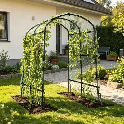 Image de WISFOR Treillis métallique, Grande arche de jardin pour plantes grimpantes, concombre Treillis pour plantes grimpantes avec filet en nylon, piquets de terre, 105x162x160cm