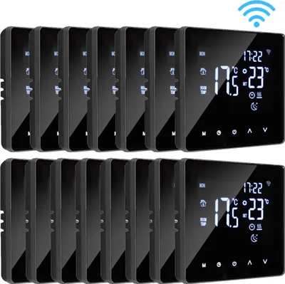 A collection of smart thermostats arranged in rows.