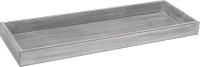 A rectangular wooden tray with a distressed gray finish is shown from a slightly elevated side angle against a white background.